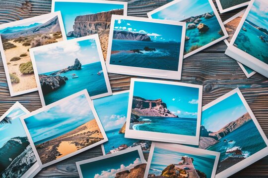 Assortment of Instant Film Photographs Displaying Scenic Views of Lanzarote Spread on a Wooden Surface