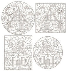 Set of contour illustrations in stained glass style with cozy rural houses on a background of fir trees and sky, dark contours on a white background, rectangular images