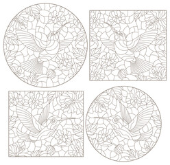 Set of contour illustrations of stained glass Windows with Hummingbird birds and flowers, dark outlines on a white background