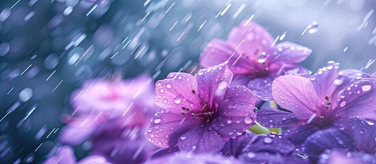 A cluster of purple flowers being showered with raindrops on a cloudy day. The vibrant blossoms stand out against the gray sky, their petals glistening with water droplets.