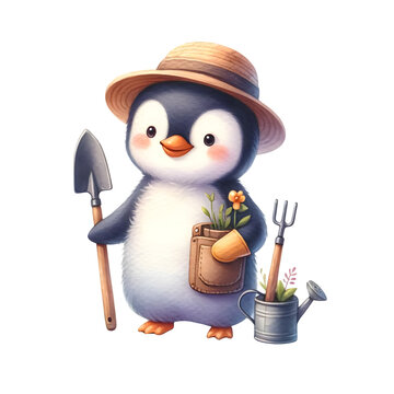 Cute watercolor animal character as a gardener clipart of penguin
