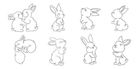 Fototapeta na wymiar Set of drawing Easter rabbit. Cute bunny in the line art style, minimal logo tattoo