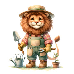 Fototapeta premium Cute watercolor animal character as a gardener clipart of lion