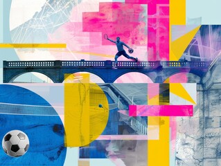 Dynamic Collage of an Athlete Running on a Bridge with Various Sports Equipment and Vivid Geometric Background