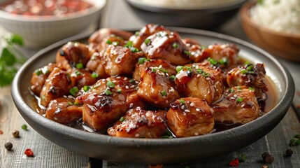 a Filipino adobo dish, chicken or pork in a savory soy sauce marinade, authentic style