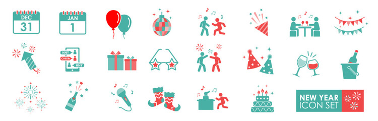 New Year Solid icons vector collection. Containing celebrations, fireworks, champagne, flags, cheers, parties, gifts, champagne, surprises, events, and balloons.