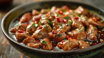 Fototapeten a Filipino adobo dish, chicken or pork in a savory soy sauce marinade, authentic style © arhendrix