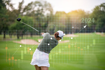 Double exposure professional woman golfer teeing to hole in player tournament competition at golf course for winner with infographic invest stock is sport and business concept.