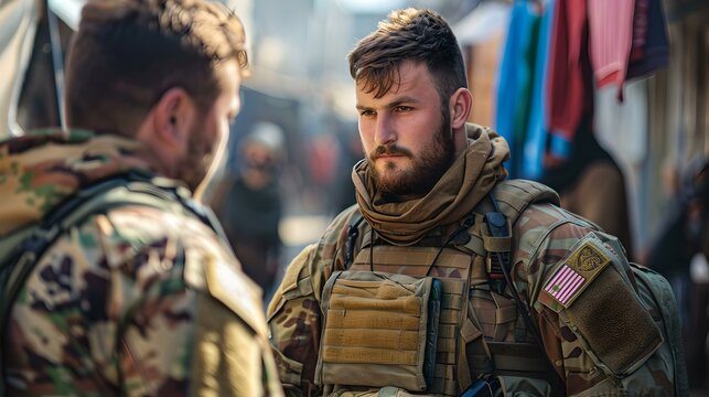 Determined soldier in uniform having a discussion in a bustling market area. clear focus and vibrant colors. military style captured in a real-world setting. suitable for editorial use. AI