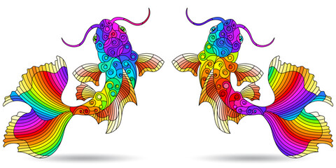 Obraz premium A set of stained glass illustrations with koi carp fish, animals isolated on a white background