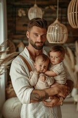 Father Holding Twin Babies in Cozy Sweaters