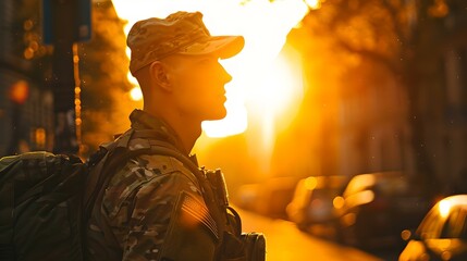 Silhouette of a soldier at sunset in urban setting. profile of military personnel in evening light. inspiring and reflective mood capture. AI