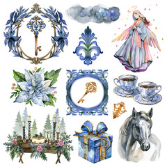 Watercolor collection of Vintage Christmas items, hand drawn isolated on a white background