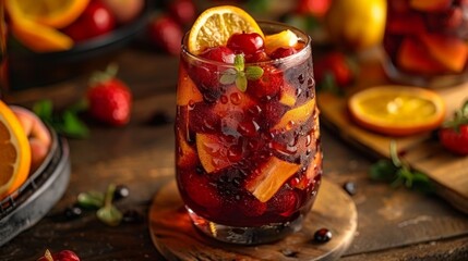 Fototapeta na wymiar a Spanish Sangria, fruits and red wine, vibrant summer beverage