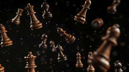 Suspenseful chess pieces falling in dark space, concept of strategy and challenge. a dynamic chess game freeze frame. AI