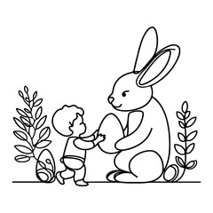 children find and pick up eggs hunt. Hand drawn bunny continuous black line drawing art. Kid carries basket easter egg doodle coloring vector illustration elements.