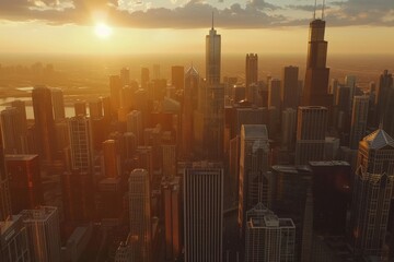 Fototapeta na wymiar Golden Hour Glow over the Chicago Skyline from an Aerial Perspective