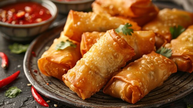 a Thai Spring Roll platter, crispy and golden with sweet chili sauce, appetizer dish