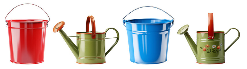 Colorful Garden Watering Cans and Buckets Isolated on White Background