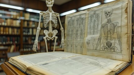 A skeleton is positioned sitting on top of a table next to a book, creating a macabre and intriguing scene - obrazy, fototapety, plakaty