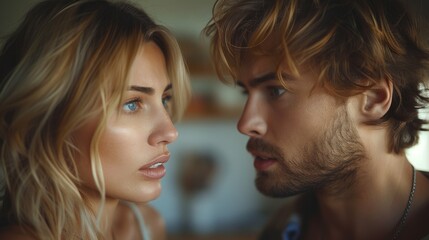 Obraz premium A multiracial man and woman are engaged in a deep gaze, looking directly at each other in a moment of connection and communication