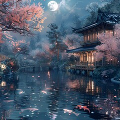 Nocturnal oasis in Japan, serene koi pond under moonlight, cherry blossoms in bloom, Edo period art style 