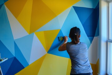 Woman Painting Geometric Patterns on a Wall in Her Home