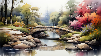 Bridge over the river: Watercolor River in the forest pond with flowers