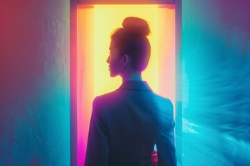 Woman Gazing into a Luminous Portal on a Gradient Background - A Metaverse Gateway Concept