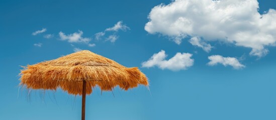 A braided straw umbrella stands tall against a clear blue sky in the background. The umbrella provides shade and contrast to the bright sky, creating a striking visual image.