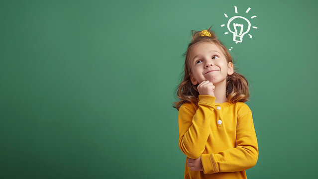 Thinking child girl with lightbulb symbol on green chalkboard background, copy space