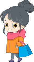 illustration of a cartoon doodle emblem, people like shopping, girls are walking in winter carrying totebags