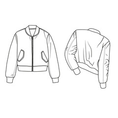 Technical sketch drawing Illustration of Oversized Bomber Jacket line art, suitable for your custom jacket design, outline vector doodle illustration, front and back view isolated on white background