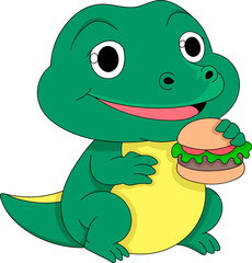 illustration of a cute cartoon animal doodle emblem, a baby crocodile is carrying a burger to eat