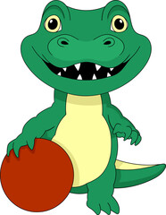 illustration of a cute cartoon animal doodle emblem, a crocodile standing with a sports ball