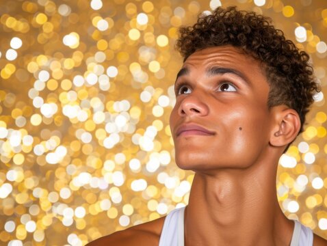 A multiracial young man standing and looking up at the sky with curiosity and wonder on his face