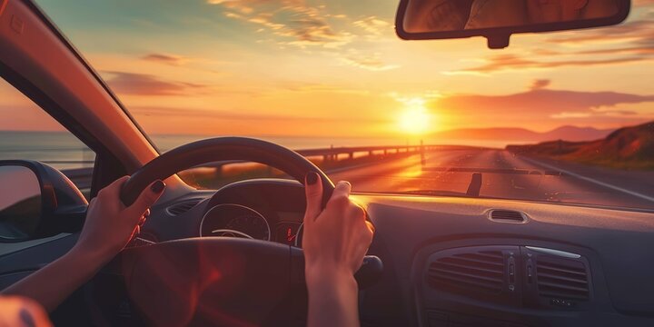 Hands of car driver on steering wheel road trip drive in summer vacation at sunset. Generative AI.