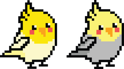 cute cockatiel pixel art in 8 bit pixel art. Animal for game asset and cross stitch pattern in vector illustration.