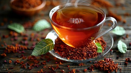 a South African Rooibos tea, deep red color, herbal and caffeine-free, served in a glass cup