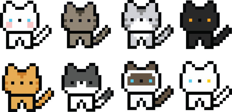cute cat pixel art set. Animal for game asset and cross stitch pattern in vector illustration.
