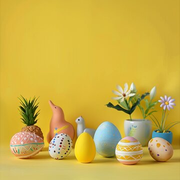 Bright yellow background including Easter related items with copy space. 
