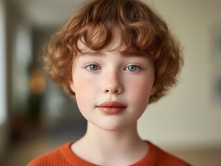 A close-up view of a child with vibrant red hair. The childs features are prominently displayed in the frame