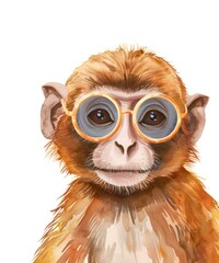 Watercolor illustration of a cute monkey with glasses on white background.