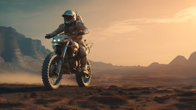 A biker in a space explorer's suit rides a motorcycle across an alien desert, the pale light of a distant sun illuminating the surreal landscape. This image evokes the spirit of interstellar adventure