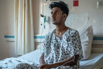 Young Indian Male Patient Sitting on a Hospital Bed Looking Pensive and Waiting for a Doctor