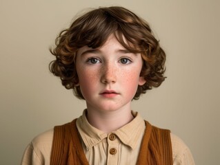 A multiracial young boy with curly hair wearing a vest