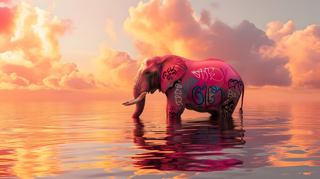 Elephant with pink graffiti on its skin standing in water at sunset