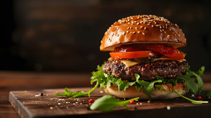 Large and juicy fresh burger on a wooden table