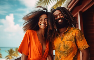 Fototapeta premium Radiant couple sharing a laugh on a vibrant porch