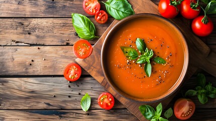 Tomato soup with herbs and spices in brown bowl